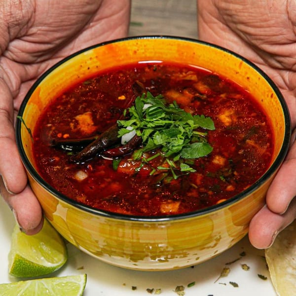 Hands holding a yellow bowl of Tacos Alvizo's birria, garnished with cilantro and lime wedges.
